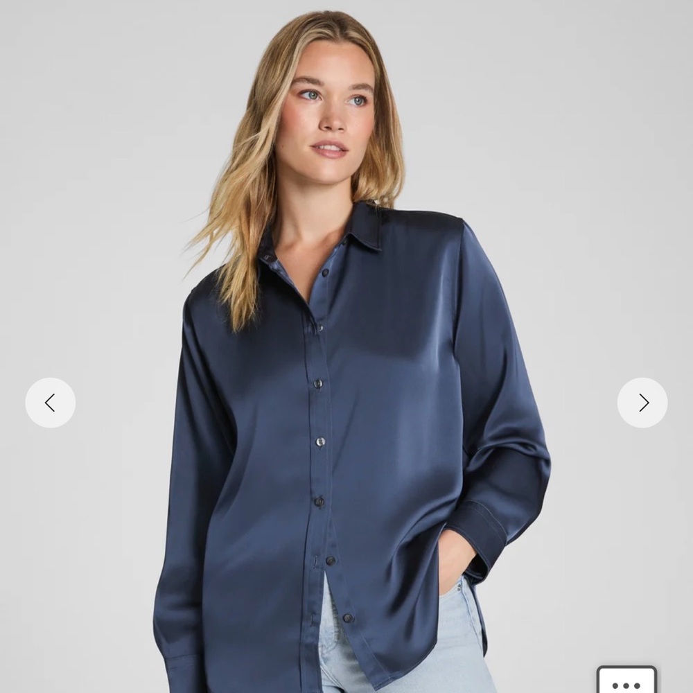 NWT Navy Blue Satin Button-Up Shirt